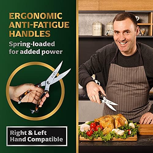 Heavy Duty Poultry Shears - Professional Stainless Steel Kitchen Scissors for Chicken, Meat, & Bone - Spring Loaded Food Shears with Ergonomic Brown Wooden Handle