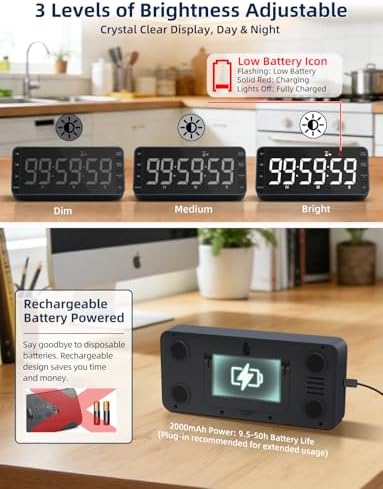 Large 7.8" Digital Timer with LED Display, Magnetic for Kitchen & Classroom