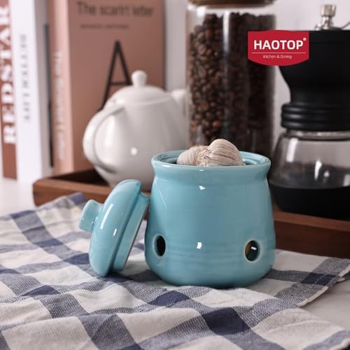 Ceramic Garlic Keeper with Lid, Mini Garlic Saver Container for Countertop, Kitchen Decor (Turquoise)