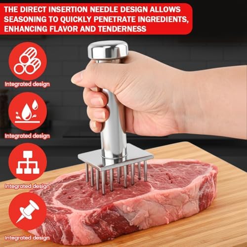 Stainless Steel Meat Tenderizer Tool with 18 Sharp Needles, Marinating Prep Tool with free cleaning brush, Durable Meat Mallet Hammer for Tenderizing Steak, Beef, Chicken, Pork(Silver)