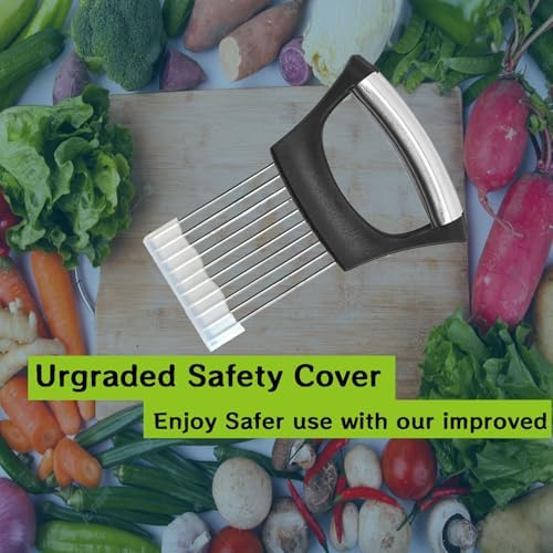 Upgraded Stainless Steel Lemon Slicer Onion Cutter, Onion Holder for Slicing, Vegetable Cutter Kitchen Chopper Slicing Assistant Tool for Potato and Tomato Avocados Eggs Meat (1, Black)
