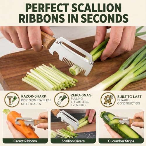 3-in-1 Vegetable Peeler for Kitchen: 2 Pack Wooden Handle Stainless Steel Scallion Shredder with Bottle Opener & Grater, Ergonomic Non-Slip Peeling Tool for Potatoes