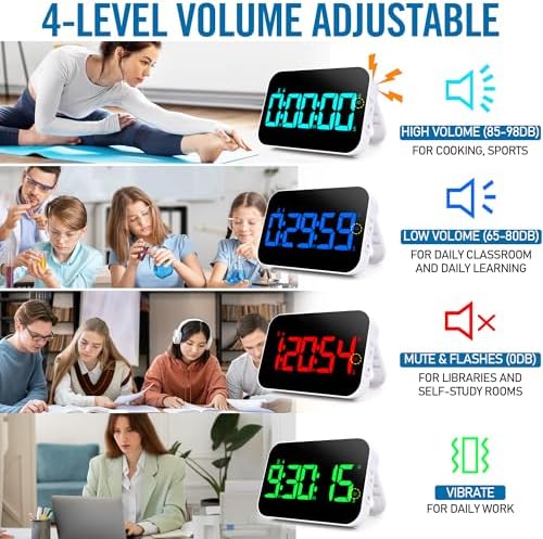 Kitchen Timer （1.5" Number） 10 RGB Color Changing Digital Magnetic Timer, Countdown/Up, Rechargeabilit, 3 Brightness Display, 3 Volume Levels and Vibration Mode, for Classroom, Study, Fitness