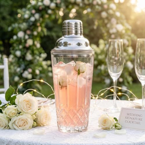 Cut Crystal Glass Cocktail Shaker - 15oz Lead-Free Crystal Shaker with Steel Strainer Lid - Premium Barware for Home Bartenders - Ideal for Mocktail, Espresso, Margarita, Martini Cocktails