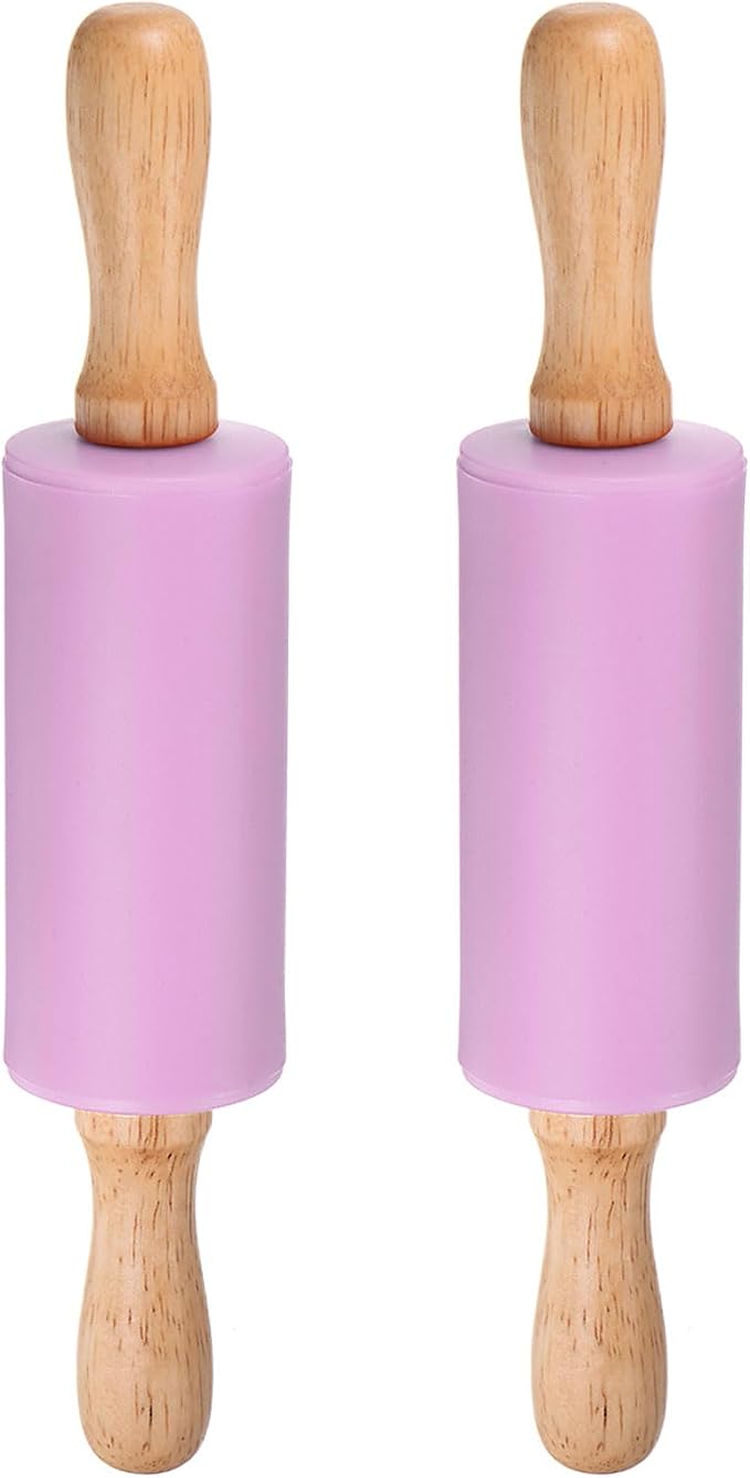 HARFINGTON 2pcs Silicone Rolling Pins for Baking 9.25 Inch Non-Stick Silicone Surface Wooden Handle Rolling Pin Small Roller Playdough Rolling Pins for Fondant Kitchen Dough Pizza, Purple
