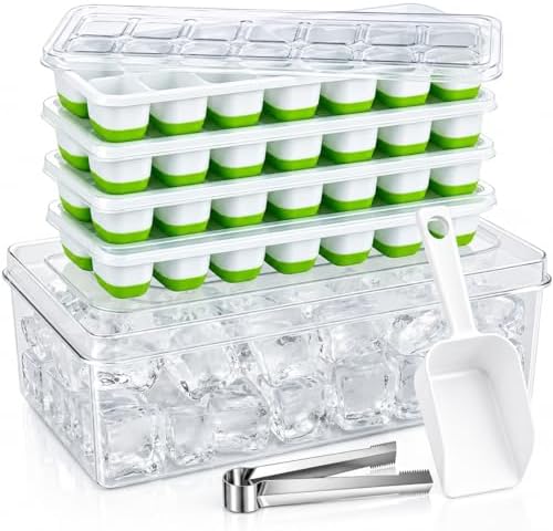 Ice Cube Tray with Bin, Stackable Lids, Green, 4 Pc, Ice Trays for Freezer