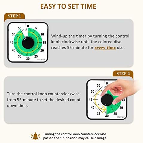 Secura 60-Minute Visual Countdown Timer, 7.5-Inch Oversize Classroom Visual Timer for Kids and Adults, Durable Mechanical Kitchen Timer Clock with Magnetic Backing (Green)