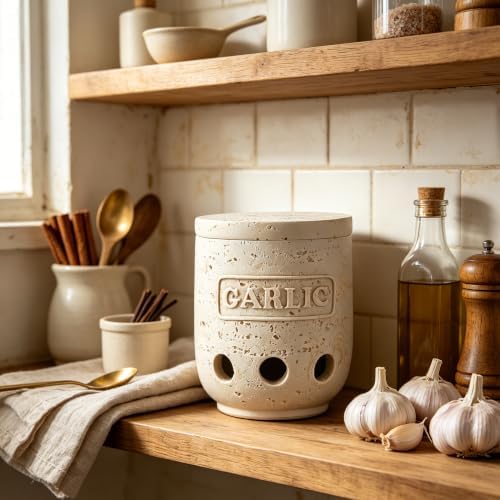 Polytree Handmade Beige Travertine-Look Garlic Keeper with Lid – Farmhouse Kitchen Countertop Garlic Storage Container for Fresh Garlic Cloves, Rustic Garlic Saver for Gift