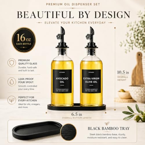 Olive Oil Dispenser for Kitchen, 2-Pack 16oz Glass Bottle with Labels