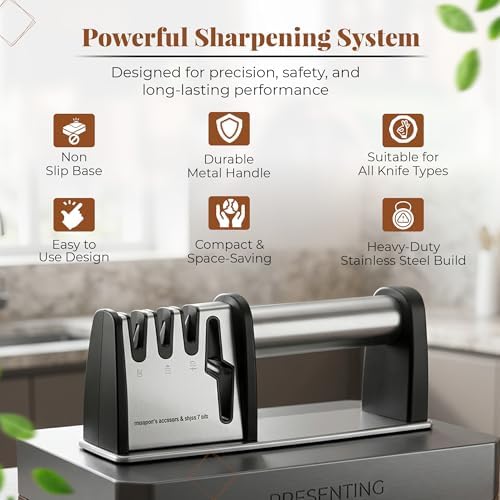 4-in-1 Manual Knife & Scissor Sharpener — 4-Stage Sharpening System with Cut-Resistant Glove | Restores Dull Blades Fast | Non-Slip Base | Silver | Large, 1 Pc