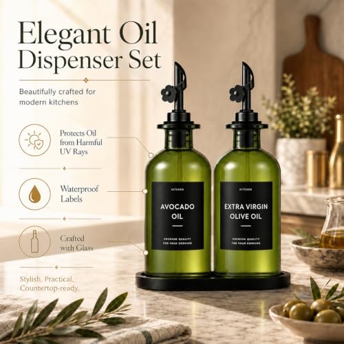 Olive Oil Dispenser for Kitchen, 2-Pack 12oz Glass Bottle with Black Labels