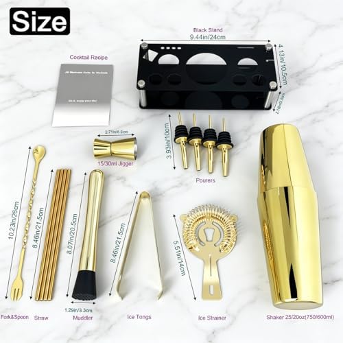 Professional Cocktail Shaker Set with Stand Cocktail Recipes, 15-Piece 750/600ml Bartender Kit, Bar Sets Bartending Kit Bar Tool Set 25/20oz Boston Shakers, Jigger, Muddler (Gold)