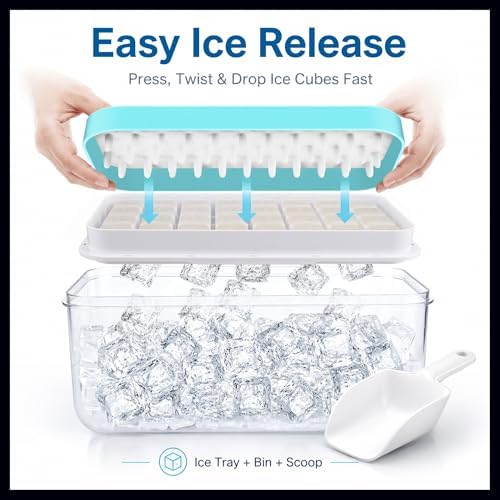 Compact Ice Tray with Scoop & Bin – 32-Cube Single Layer Mold with Lid – Patented Press-Release Design US D1,006,068, BPA-Free, No-Spill, Easy Storage – Ideal for RV, Dorm, Small Freezers