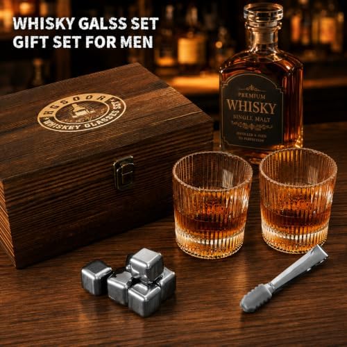 Whiskey Glasses Gift Set - Premium Heavy Glasses with Chilling Stones,Whiskey Stones Gift Set, Drinking Gifts for Men Dad Husband Boyfriend Birthday Anniversary Christmas
