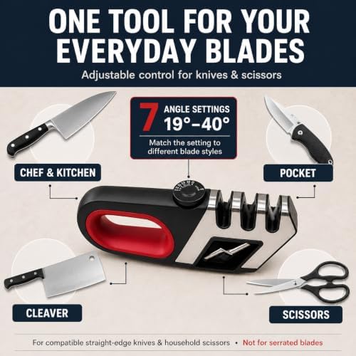 Knife Sharpener with 7 Adjustable Angles, Scissor Slot
