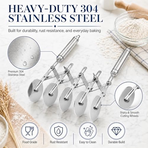 Wheel Adjustable Pasta Cutter with Handle - Stainless Steel Multi-Tool for Baking Pastry, Pizza, Noodles & Pie Crust (7 Roller)