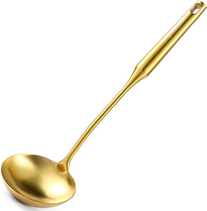 Gold Soup Ladle and Spaghetti Spoon Set - 18/10 Stainless Steel Soup Spoon，Pasta Strainer, 13.8" Kitchen Utensils for Cooking，Stirring, Serving Pasta, Soup & Sauce, Perfect Gifts