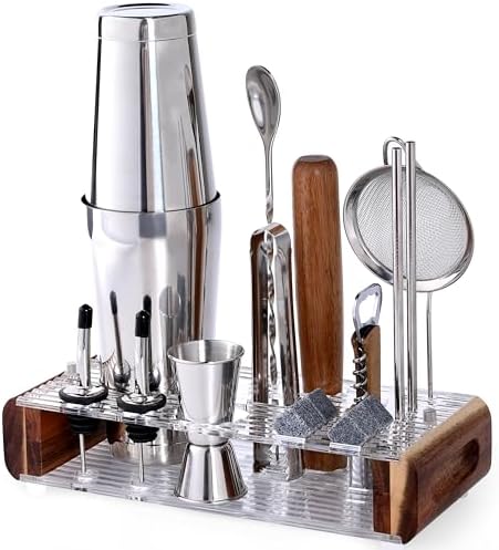 Mixology Bartender Kit with Stand - 15 Piece Bar Tool Set, Silver Bar Set Cocktail Shaker Set for Drink Mixing - includes Martini Shaker, Jigger, Strainer, Bar Mixer Spoon, Tongs, Opener | Gift Idea