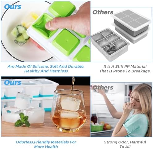 Large Ice Cube Tray, 4 Piece Silicone Ice Cube Tray with Lid for Whiskey, Cocktails, Beer, Wine, Refrigerated Drinks, BPA Free, Stackable Reusable (Green+Blue+Yellow+Pink)