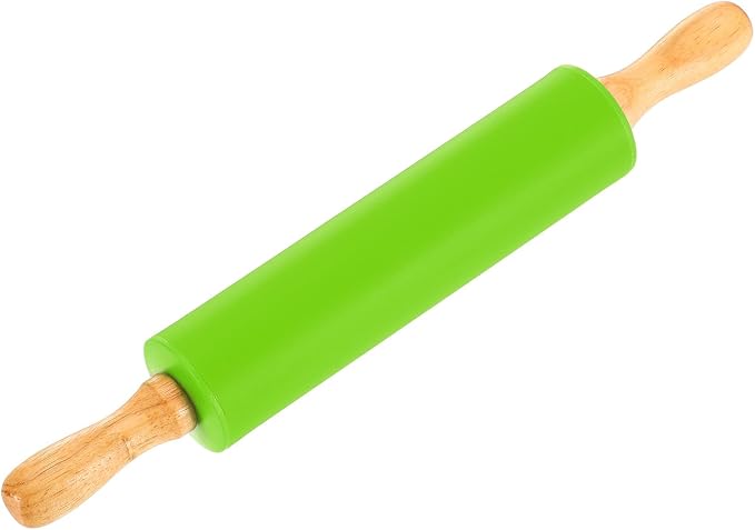 uxcell 6.7 Inch Silicone Rolling Pin, Small Dough Roller with Wood Handle for Pizza Pastry Fondant Kitchen, Green