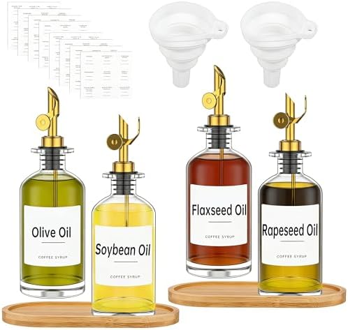4Pack 11.8oz/350ml Oil Dispenser Bottle for Kitchen, Glass Olive Oil and Vinegar Dispenser Set, Soy Sauce Dispenser with Wooden Tray & Labels & Replacement Spouts & Pumps
