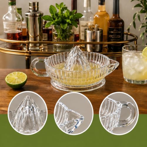 Glass Lemon Lime Squeezer, Manual Lemon Juicer Reamer, Hand Held Citrus Squeezer for Lime, Lemon, Small Orange, Glass Citrus Juicer with Handle & Pour Spout