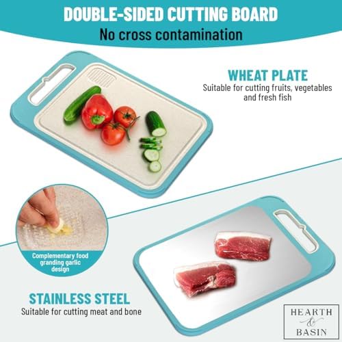 Non Plastic Cutting Board for Kitchen, 14" x 11", Double Sided Wheat Plate Stainless Steel, Scratch Resistant, Juice Groove, Non-Slip, Garlic Grater, Sourced in USA