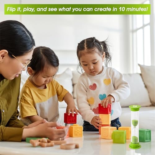 Sand Timer for Kids - 10 Minute Set of 4 Hour Glass - Green Color- Acrylic Covered for Classroom, Home & Kids Room