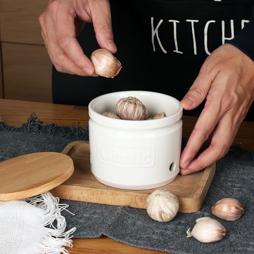 ONTUBE Ceramic Garlic Keeper with Wooden Lid 4-Inch,Garlic Holder (White)