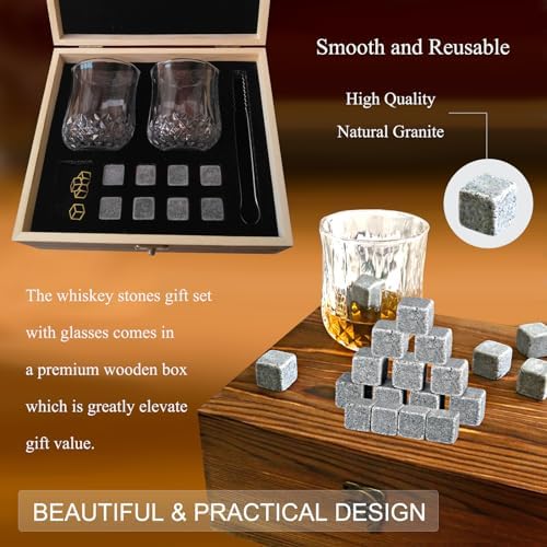 Whiskey Stones Gift Set, Includes 2 Whiskey Glasses, 8 Chilling Whiskey Stones in Wooden Gift Box, Unique Gifts for Men Birthday Christmas Valentine Drinking Gift for Dad Husband Party Holiday Present