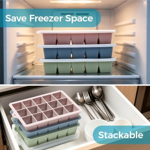 Silicone Ice Cube Trays with Lids (3Pack, Green+Blue+Black)
