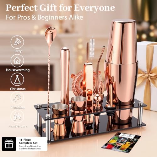Boston Cocktail Shaker Set, 18 oz & 28 oz 2-Piece Tins, 304 Bartender Kit 15-Piece Bar Tool Set with Acrylic Stand & Recipe Book, for Novices & Pros, Home and Bar Use (Rosegold)