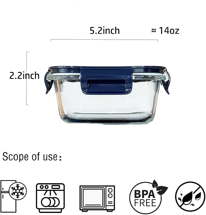 2 Cup Square Glass Food Containers set, Small Square Food Storage Containers With Airtight Lids, BPA free 16oz small Glass Meal Prep Bowls, Dishwasher, Microwave, Freezer Safe (Dark Blue)