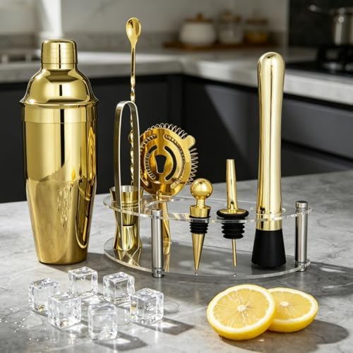 9-Piece Cocktail Shaker with Stand, 25oz Bartender Kit, Cocktail Shaker with Strainer Set, Bar Set Jigger for Bartending Drink Mixer Set, Cocktail Set Recipe (Gold)