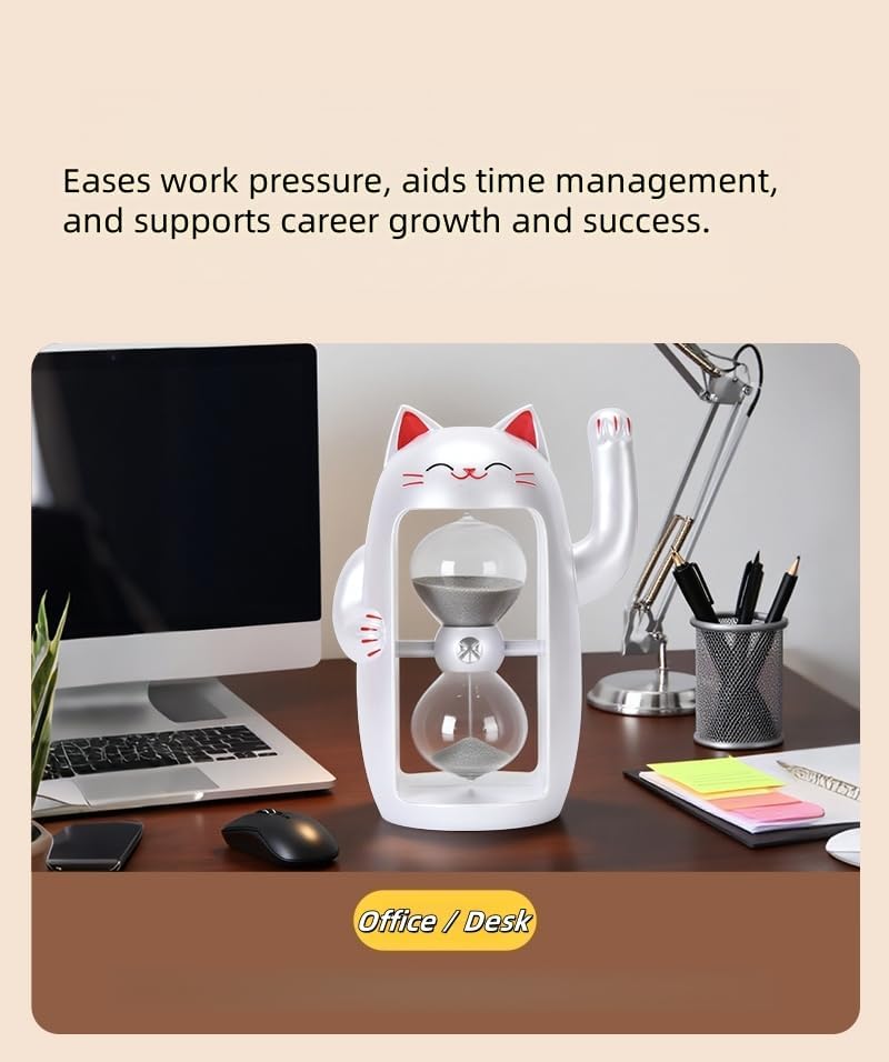 Lucky Cat Sand Timer Cute Hourglass Maneki-Neko Sandglass Timer reloj de Arena 30Min Sand Clock for Toothbrush Games Classroom Home Office Cooking Front Desk（Pearl White+30Min）