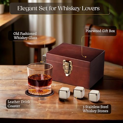 Whiskey Gift Set, Glass, Leather Coaster, Stainless Steel Stones, Box