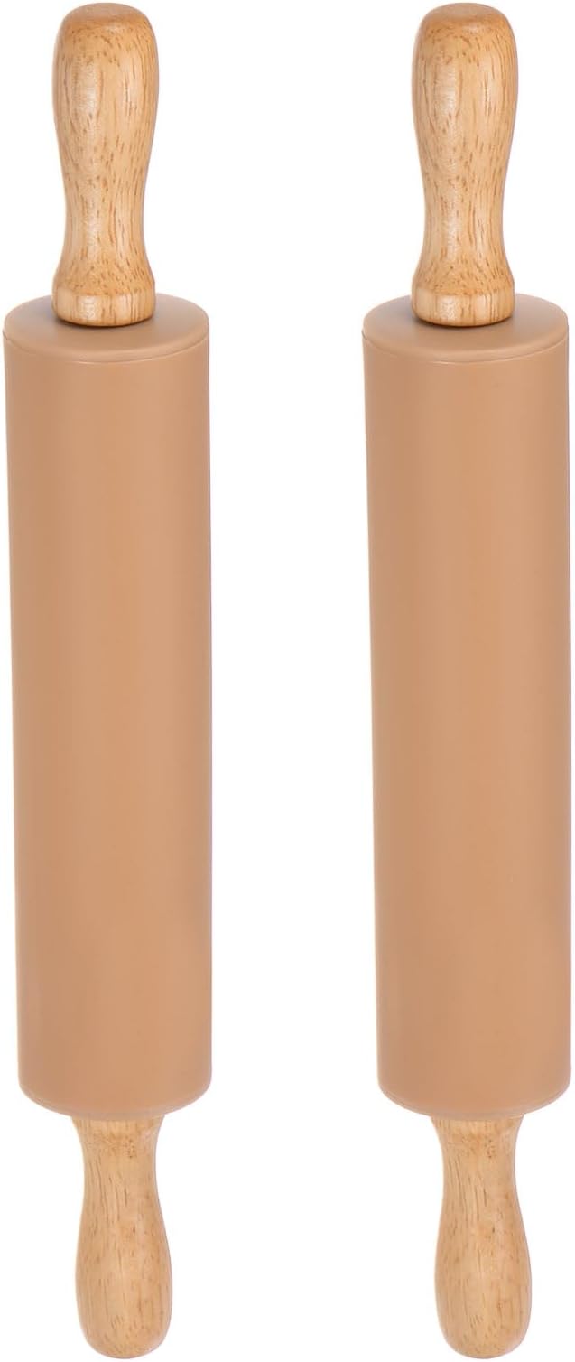 HARFINGTON 2pcs Silicone Rolling Pins for Baking 12.2 Inch Non-Stick Silicone Surface Wooden Handle Rolling Pin Small Roller Playdough Rolling Pins for Fondant Kitchen Dough Pizza, Brown