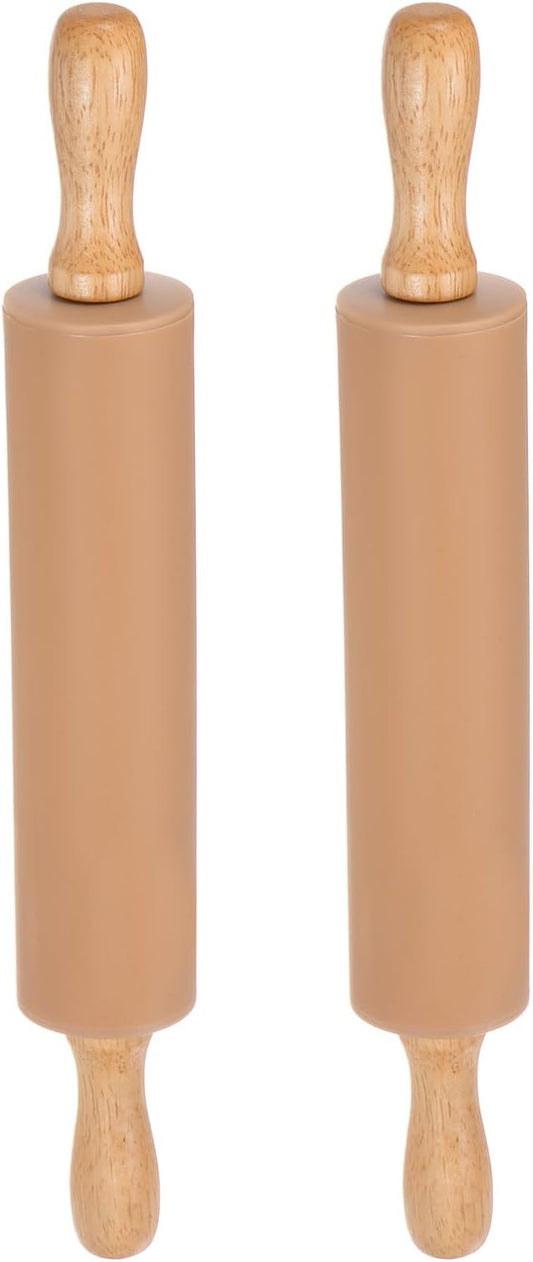 HARFINGTON 2pcs Silicone Rolling Pins for Baking 12.2 Inch Non-Stick Silicone Surface Wooden Handle Rolling Pin Small Roller Playdough Rolling Pins for Fondant Kitchen Dough Pizza, Brown