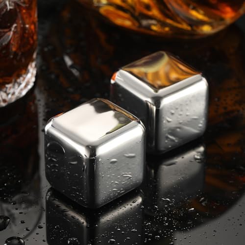 4 Large Whiskey Stones 64 cm³ (4 cu in) - Man Gift Set - Reusable Stainless Steel Metal Ice Sphere Cubes Beverage Chilling Rocks Whiskey Stones for Red Wine, Bar Beer, Scotch, Vodka Drinks