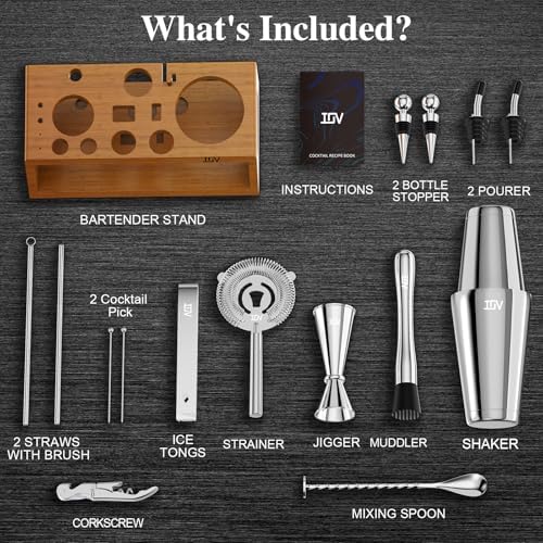IOV Mixology Bartender Kit Bar Set with Stand | 17-Piece Cocktail Shaker Set | 28oz Boston Shaker Drink Mixer Set with All Essential Accessory Tools | Fun Housewarming Gift