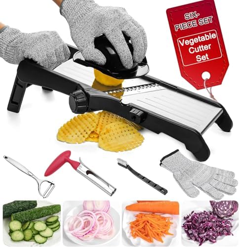 Mandoline Food Slicer for Kitchen, Adjustable Stainless Steel Mandoline Vegetable Slicer, Onion/Potato Slicer/French Fry Cutter, 6-Piece Fruit & Vegetable Cutting Set (Black/Silver)