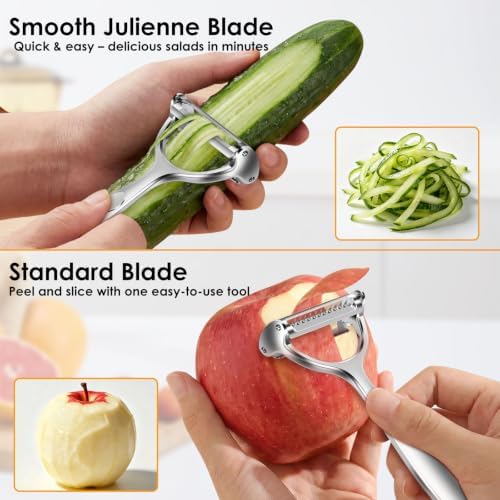 2PCS Julienne Peeler Vegetable Peeler Set, 2-in-1 Potato Peeler for Kitchen, Stainless Steel Dual Blade Y Peeler for Carrot Cucumber Citrus, Left & Right Handed