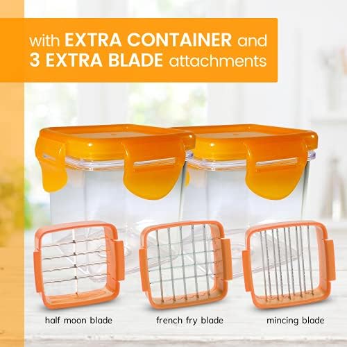 Nutrichopper Fresh-keeping container Vegetable Chopper Onion Chopper - Chops Slices Cubes Wedges – Multi-purpose Fruit Slicer with 3 Extra Stainless Steel Blades & 2 Extra Containers As Seen On TV