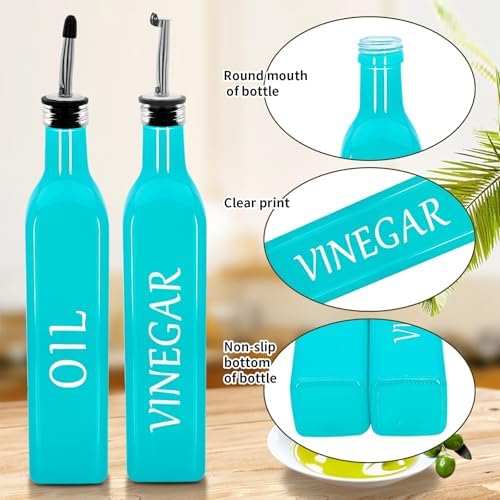 Olive Oil Dispenser Bottle,2 Pcs 17oz 500ml Glass O il and Vinegar Dispenser Set with 2 Stainless Steel Pourers, 8 Labels,Funnel Vinegar Bottles for Kitchen (Turquoise)