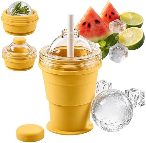 Collapsible Ice Ball Maker Cup, 2-in-1 Silicone Folding Ice Cube Cup Tray Portable Leakproof Travel Tumbler with Lid & Straw, Reusable Sphere Mold for Whiskey, Bourbon, Coffee, Summer Drinks