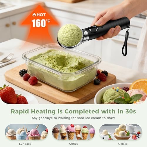 Beyn Heated Ice Cream Scoop Rechargeable with Removable Head, 4 Temperature Settings Electric Warming Scooper LED Display for Hard Ice Cream, Easy for Seniors & Kids, IP67 Waterproof, Fast Charge