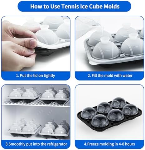 6 Chamber 2.2" 3D Tennis Gifts Ice Cube Tray With Funnel,Large Round Ice Ball Maker Mold Silicone Fun Shapes Bourbon Sphere Ice Molds,For Chilling Whiskey,Cocktails,Bourbon,Brandy and Beverages