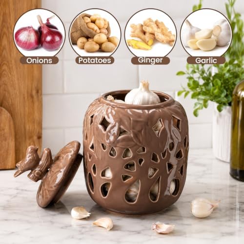 9.8" x 5.9" Large Ceramic Garlic Keeper for Counter, Ceramic Garlic Keeper with Lid Holder Storage Container to Keep Your Cloves Fresh Longer Garlics Saver for Kitchen