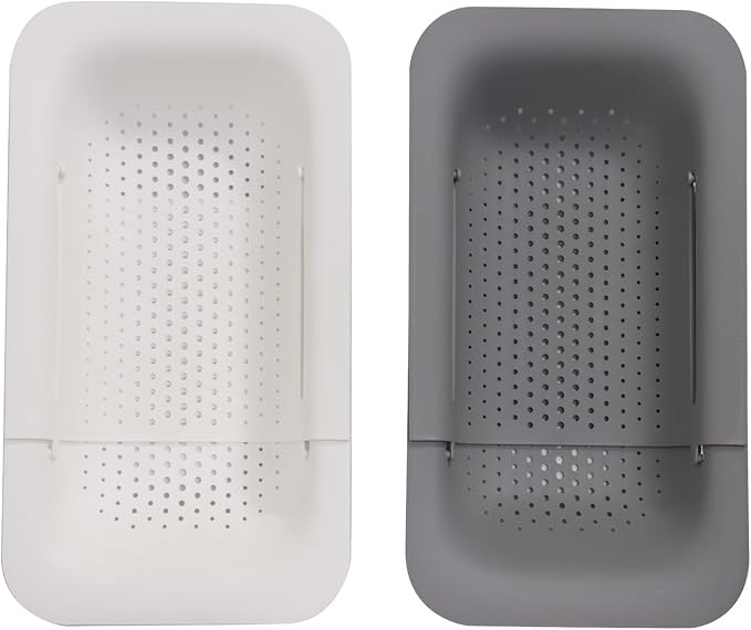 Collapsible Sink Colanders and Strainers Basket Extendable Plastic Fruit Vegetable Strainer Drainer Basket for Kitchen (Length 14.3 inch-19.4 inch) (Grey and white) 6 * 10