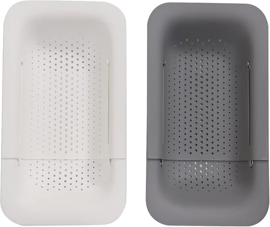 Collapsible Sink Colanders and Strainers Basket Extendable Plastic Fruit Vegetable Strainer Drainer Basket for Kitchen (Length 14.3 inch-19.4 inch) (Grey and white) 6 * 10
